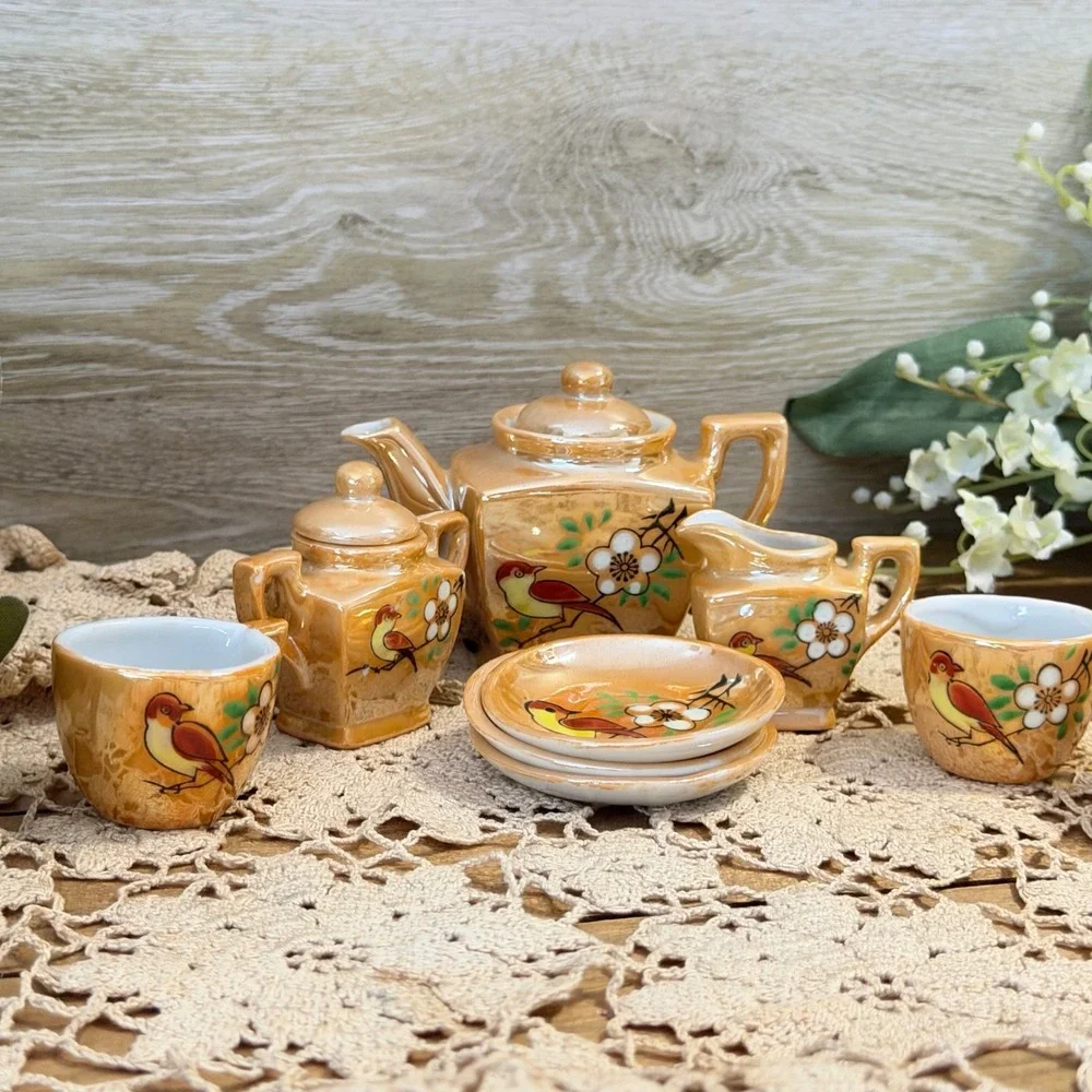 11pc Vintage KA Made in Occupied Japan Lusterware Miniature Tea Set Bird Floral